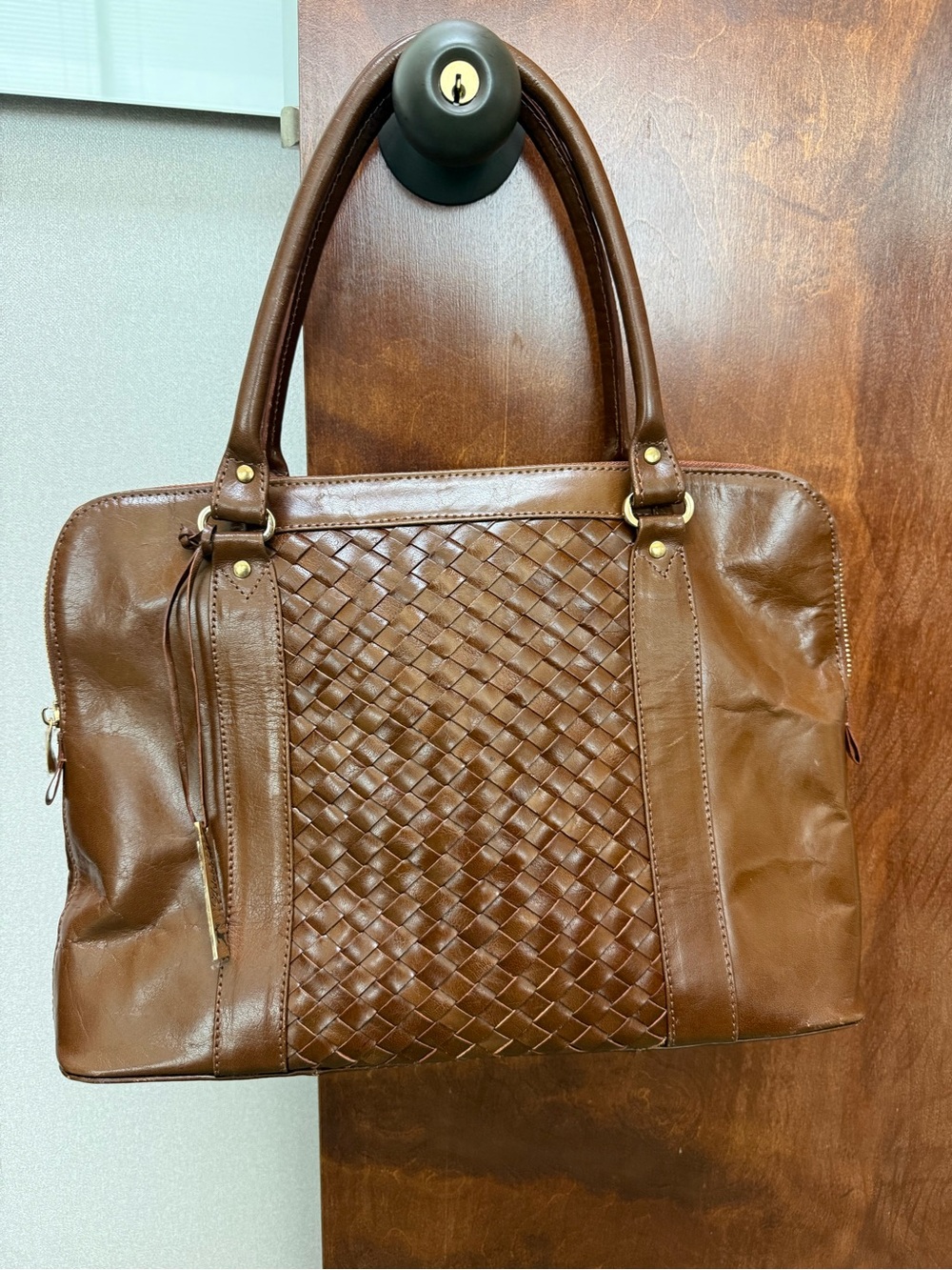 Ashwood Gina Genuine Leather Brown Basketweave Tote/Shoulder Bag